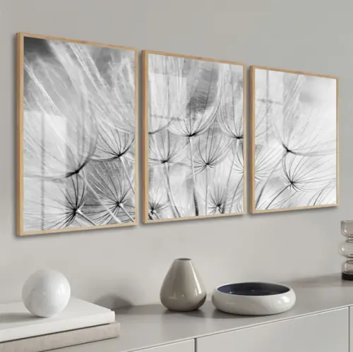 Kit 3 Quadros Decorativos Dente de Leão Preto e Branco Vidro