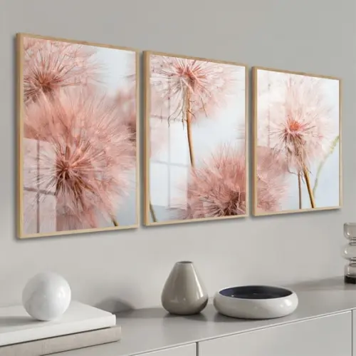 Kit 3 Quadros Decorativos Dente De Leão Rosa Moldura E Vidro