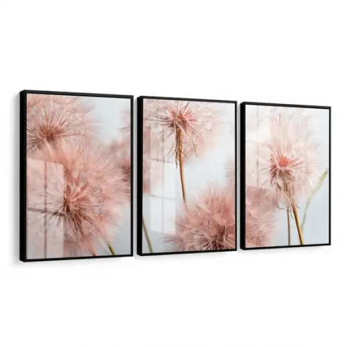 Kit 3 Quadros Decorativos Dente De Leão Rosa Moldura E Vidro