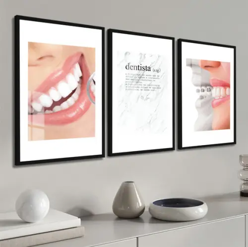 Kit 3 Quadros Decorativos Dentista Consultório Moldura Vidro