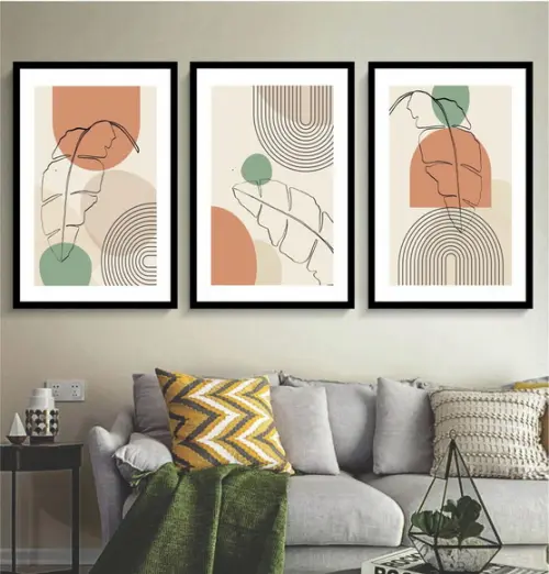Kit 3 Quadros Decorativos Desenho Abstrato Folhagem Moldura
