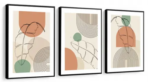 Kit 3 Quadros Decorativos Desenho Abstrato Folhagem Moldura