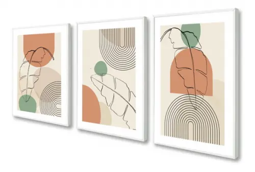 Kit 3 Quadros Decorativos Desenho Folhagem Abstrato Moldura
