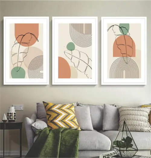 Kit 3 Quadros Decorativos Desenho Folhagem Abstrato Moldura