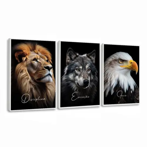Kit 3 Quadros Decorativos Disciplina Execução Foco Animais