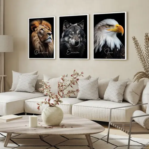 Kit 3 Quadros Decorativos Disciplina Execução Foco Animais