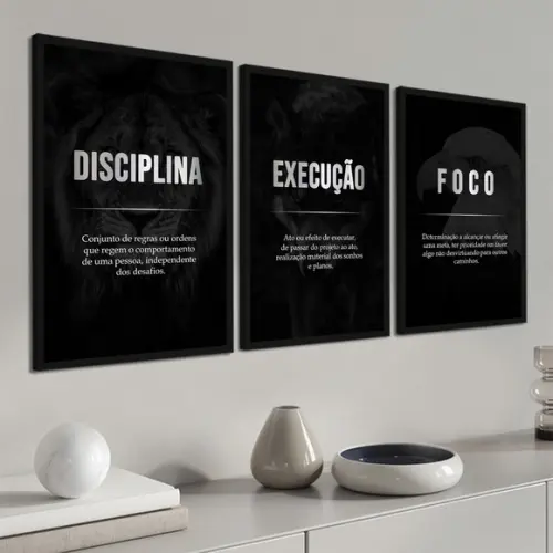 Kit 3 Quadros Decorativos Disciplina Execução Foco Moldura