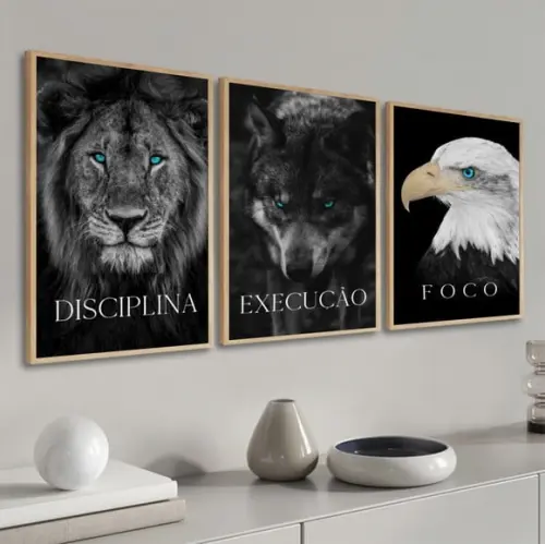 Kit 3 Quadros Decorativos Disciplina Execução Foco Moldura