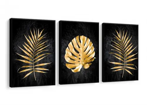 Kit 3 Quadros Decorativos Dourado Folhagem Para Sala Moldura