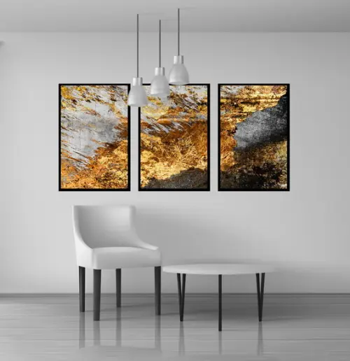 Kit 3 Quadros Decorativos Dourado Moderno Para Sala Moldura