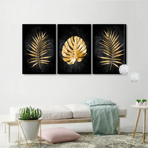 Kit 3 Quadros Decorativos Dourado Folhagem Para Sala Moldura