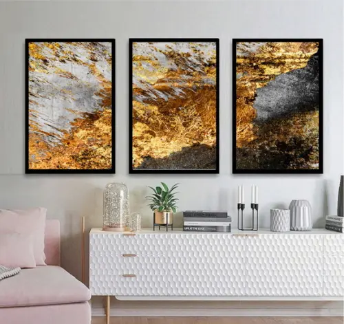 Kit 3 Quadros Decorativos Dourado Moderno Para Sala Moldura