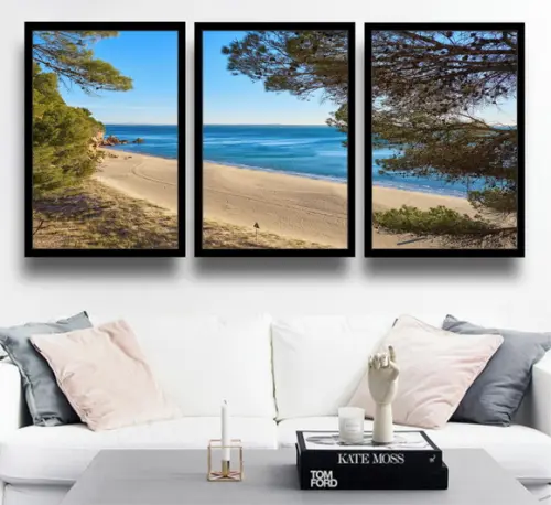 Kit 3 Quadros Decorativos e Praia Mar Areia Paisagem Moldura