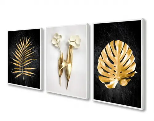 Kit 3 Quadros Decorativos Dourados Flores Para Sala Moldura
