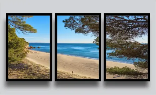 Kit 3 Quadros Decorativos e Praia Mar Areia Paisagem Moldura