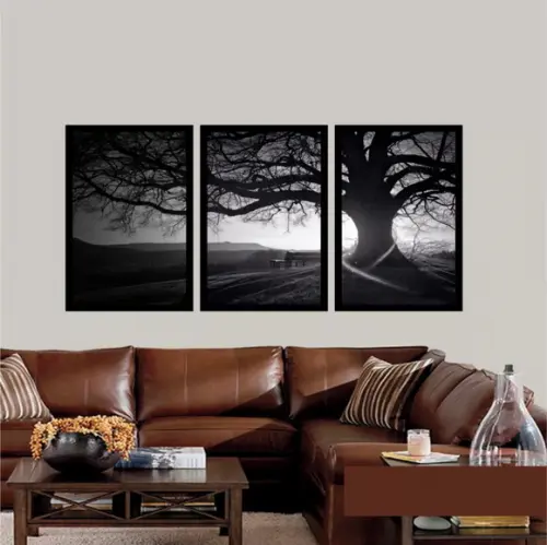 Kit 3 Quadros Decorativos Entardecer Preto e Branco Molduras
