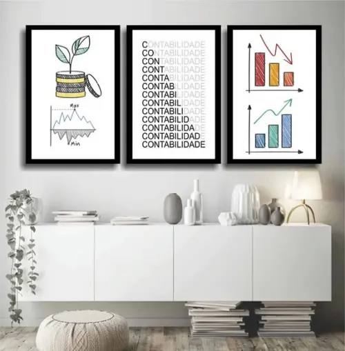 Kit 3 Quadros Decorativos Escritório Contabilidade Gráficos