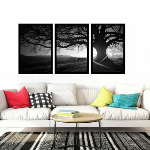 Kit 3 Quadros Decorativos Entardecer Preto e Branco Molduras