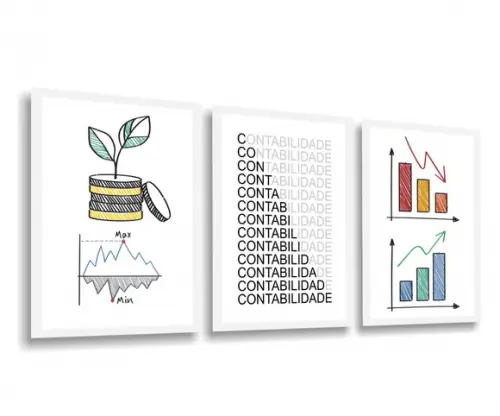 Kit 3 Quadros Decorativos Escritórios Contabilidade Gráficos