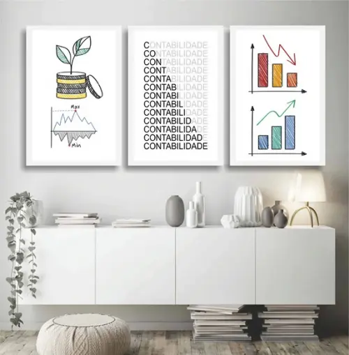 Kit 3 Quadros Decorativos Escritórios Contabilidade Gráficos
