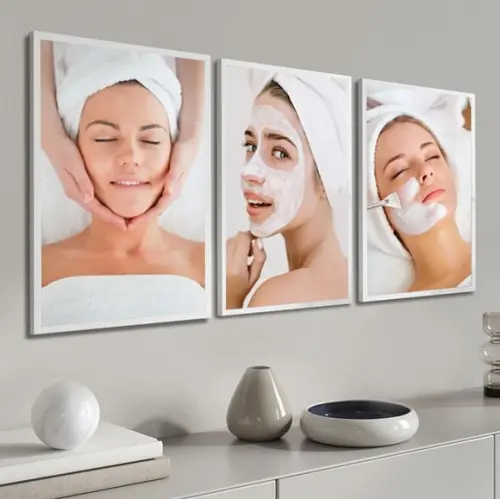 Kit 3 Quadros Decorativos Estética Facial Massagem Moldura