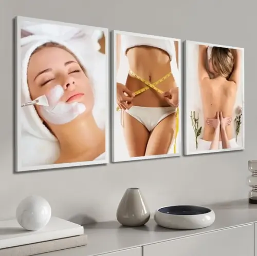 Kit 3 Quadros Decorativos Estética Massagem Nutrição Moldura