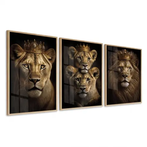 Kit 3 Quadros Decorativos Família de Leão com Moldura Vidro