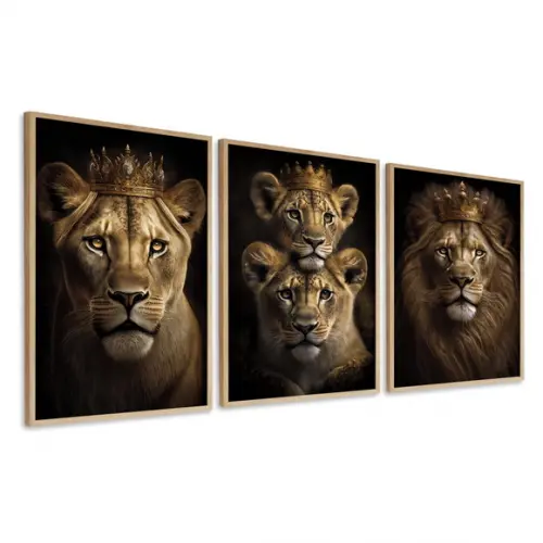 Kit 3 Quadros Decorativos Família de Leão Filhotes Moldura