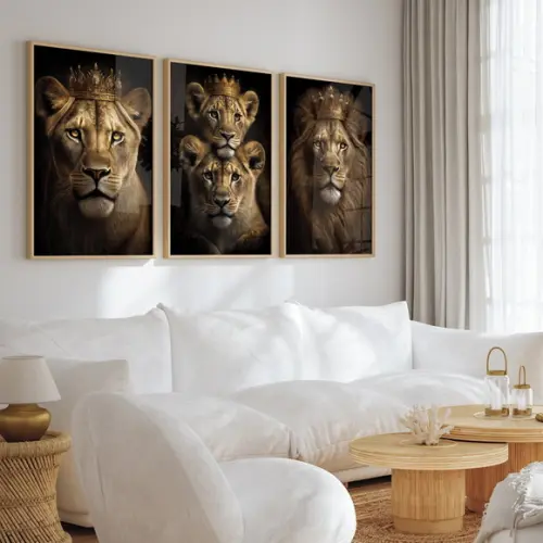 Kit 3 Quadros Decorativos Família de Leão com Moldura Vidro