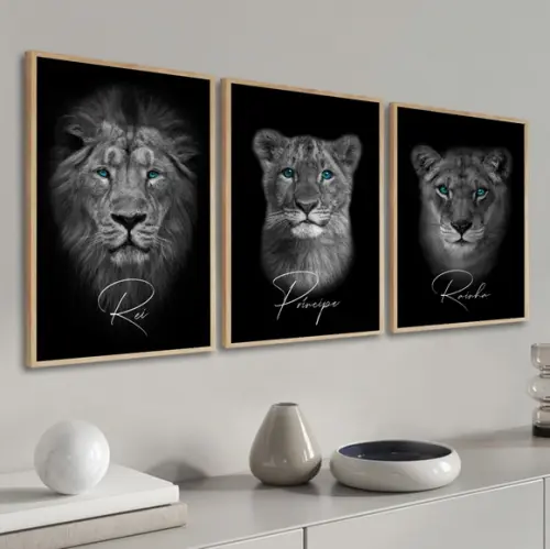 Kit 3 Quadros Decorativos Família De Leão Frases Com Moldura