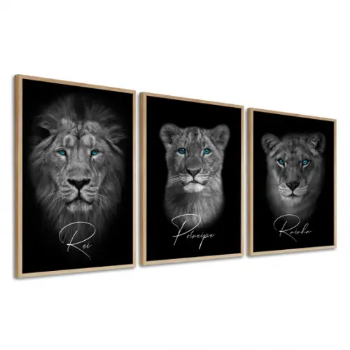 Kit 3 Quadros Decorativos Família De Leão Frases Com Moldura