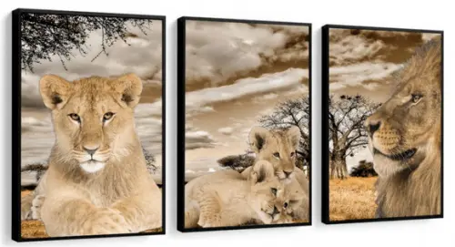 Kit 3 Quadros Decorativos Família De Leão Moderno Moldura