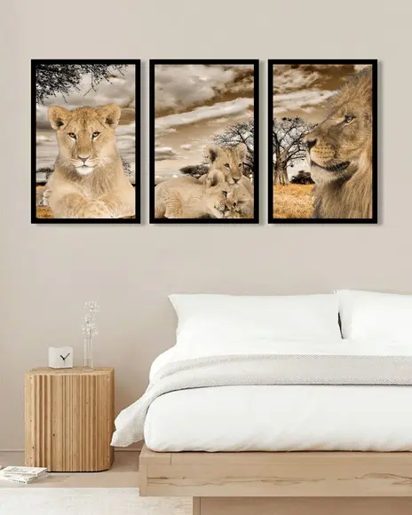 Kit 3 Quadros Decorativos Família De Leão Moderno Moldura