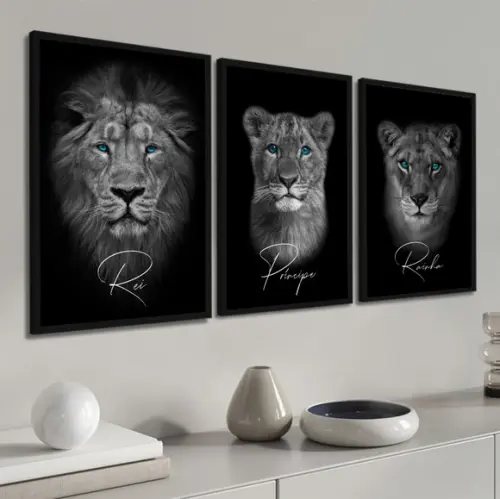 Kit 3 Quadros Decorativos Família De Leão Moderno Moldura
