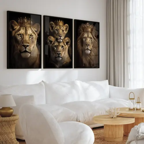 Kit 3 Quadros Decorativos Família de Leão Moldura e Vidro