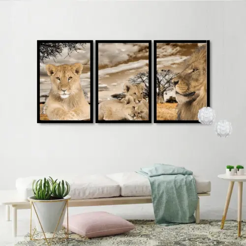 Kit 3 Quadros Decorativos Família De Leão Moderno Moldura
