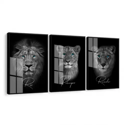Kit 3 Quadros Decorativos Família De Leão Moldura E Vidro