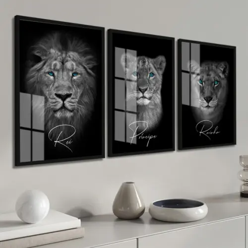 Kit 3 Quadros Decorativos Família De Leão Moldura E Vidro