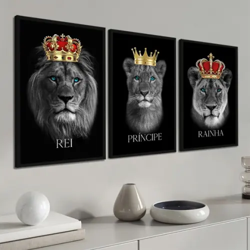 Kit 3 Quadros Decorativos Família De Leão Para Sala Moldura