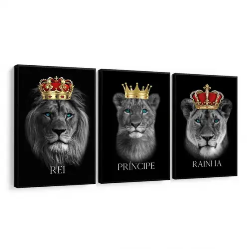 Kit 3 Quadros Decorativos Família De Leão Para Sala Moldura