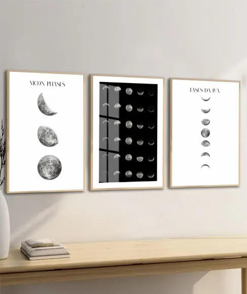 Kit 3 Quadros Decorativos Fases da Lua com Moldura e Vidro