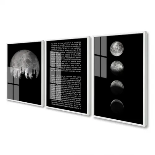 Kit 3 Quadros Decorativos Fases da Lua com Moldura e Vidro