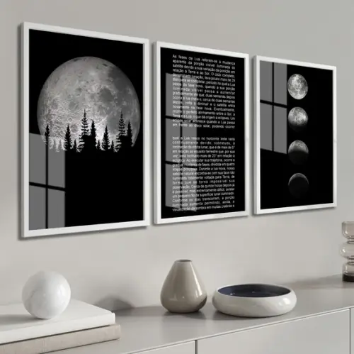 Kit 3 Quadros Decorativos Fases da Lua com Moldura e Vidro