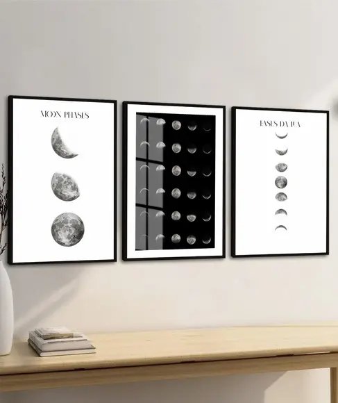 Kit 3 Quadros Decorativos Fases da Lua Moderno Moldura Vidro