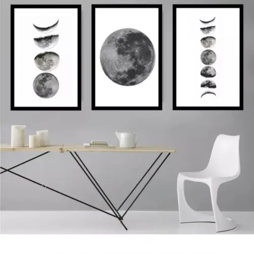 Kit 3 Quadros Decorativos Fases Da Lua Para Sala Quarto Hall