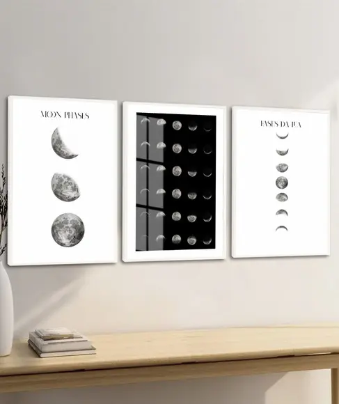 Kit 3 Quadros Decorativos Fases da Lua Preto e Branco Vidro