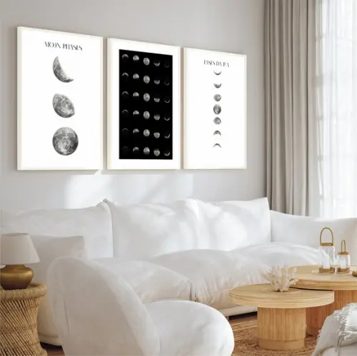 Kit 3 Quadros Decorativos Fases da Lua Preto e Branco Vidro