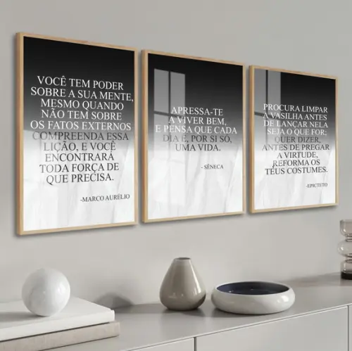 Kit 3 Quadros Decorativos Filosofia Estoicismo Moldura Vidro
