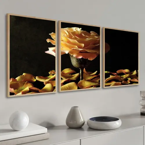 Kit 3 Quadros Decorativos Flor Amarela Para Sala Com Moldura
