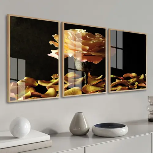 Kit 3 Quadros Decorativos Flor Amarela com Moldura e Vidro